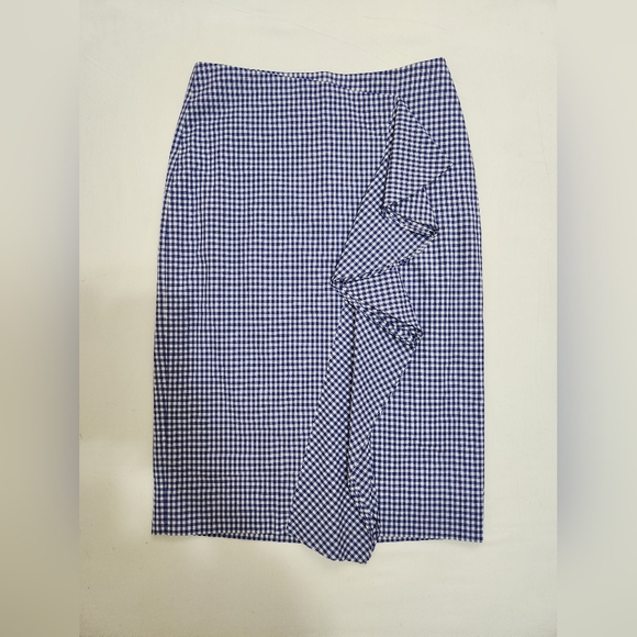 J. Crew Dresses & Skirts - J. Crew Royal Blue  and White  Preppy Gingham Ruffle-Trim Pencil Skirt